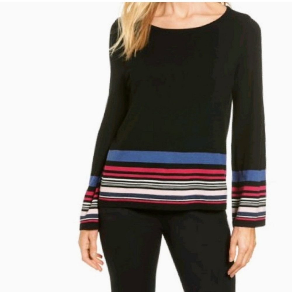VINCE CAMUTO Black Long  Bell Sleeve Top with Striped Hem